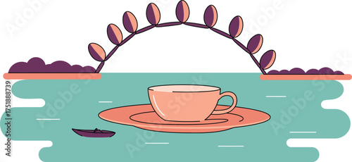 Whimsical illustration of a coffee cup and saucer floating on water under a stylized sunset
