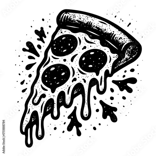 Bold black & white hand-drawn pizza slice with melting cheese & pepperoni, rendered as a grungy vector illustration with dripping sauce. Ideal for retro food branding, fast-food menus, vintage diner d