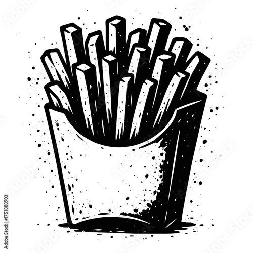 Monochrome Vector Illustration of Crispy Golden French Fries in a Fast Food Carton with Grunge Splatter Effect, Perfect for Snack Menus, Restaurant Graphics, Vintage Designs, and Urban Street Art Styl