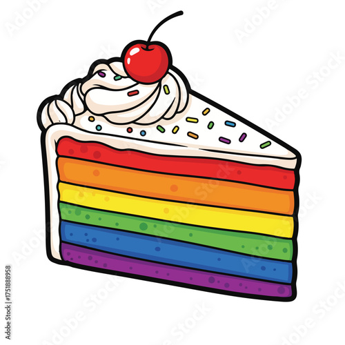 Detailed Handdrawn Rainbow Layered Cake Slice with Cherry on Top Dessert