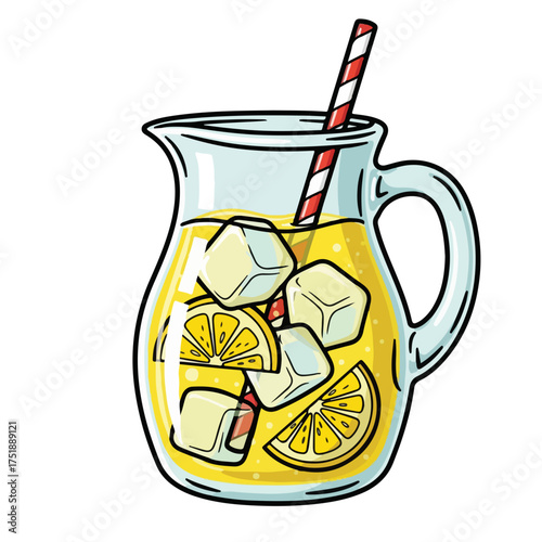 Handdrawn Illustration of a Lemonade Jug with Ice and Straw Drink