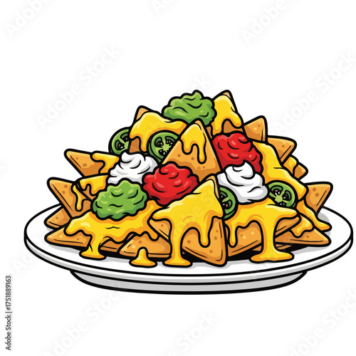 Cartoon Detailed Nachos on Plate Traditional Mexican Food Illustration