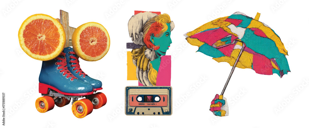 Obraz premium Retro Collage of Colorful Objects with Orange, Umbrella, and Roller Skates
