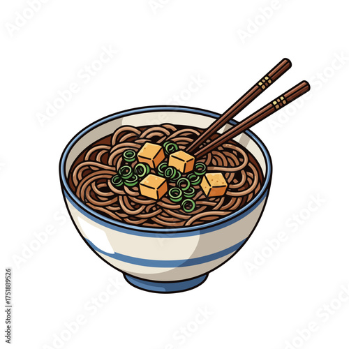 Hand Drawn Japanese Soba Noodles Bowl with Tofu Illustration