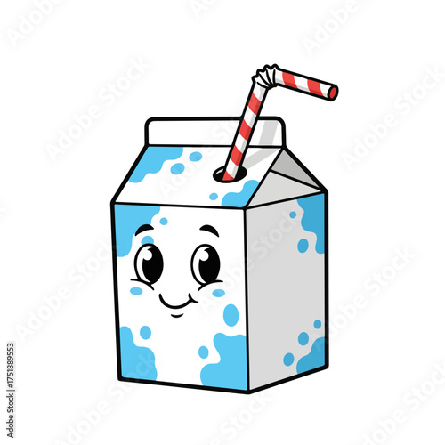 Cute Cartoon Style Milk Box Character with Straw and Smiling Face Illustration