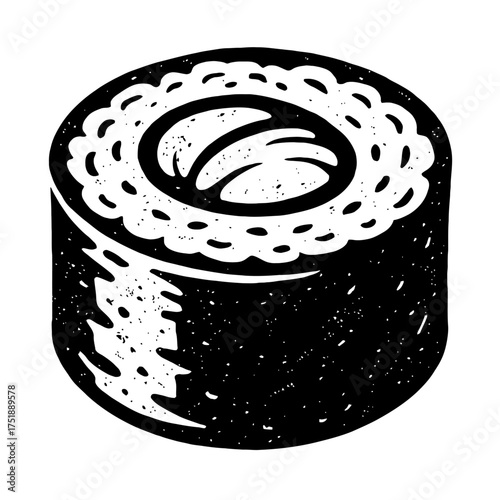 Stylized Black and White Illustration of a Classic Japanese Maki Sushi Roll, Perfect for Culinary Art Prints, Restaurant Menus, Food Blogs, or Vintage-Themed Designs. A Single Delicious Seafood or Veg