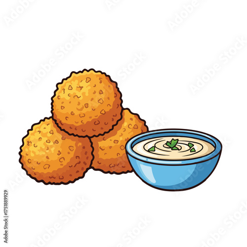 Colorful Cartoon Fried Arancini Balls with Dipping Sauce Food Illustration