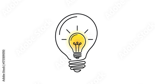 Simple Line Drawing of a Glowing Incandescent Light Bulb.