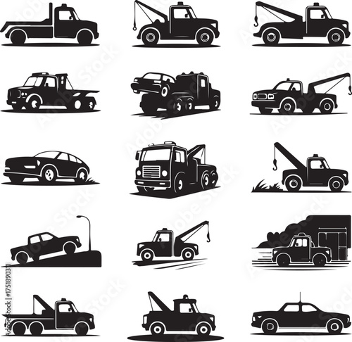 Black and white vector illustration featuring various types of tow trucks