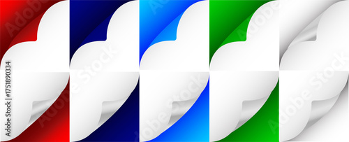 Collection of 12 colorful page curl effects with gradient shadows. Vector set for red, navy blue, cyan blue, green and white graphic design and paper flip elements. 