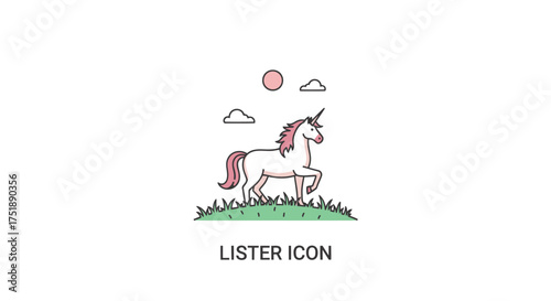 Whimsical Unicorn Standing in Grassy Field with Sun and Clouds.