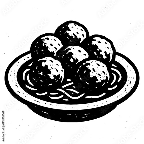 A striking black and white woodcut-style illustration of a classic Italian comfort food dish: a generous serving of delicious spaghetti pasta topped with plump, savory meatballs, perfect for tradition