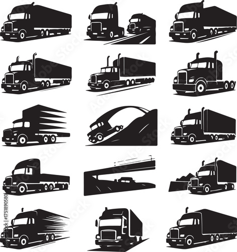 Black and white vector illustration of various types of trucks