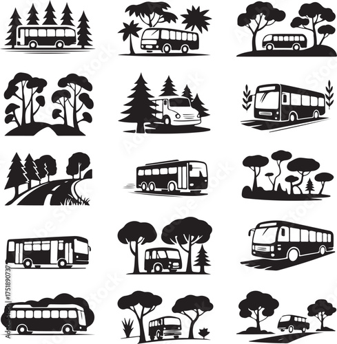 Bus and nature vector silhouettes collection featuring various travel scenes