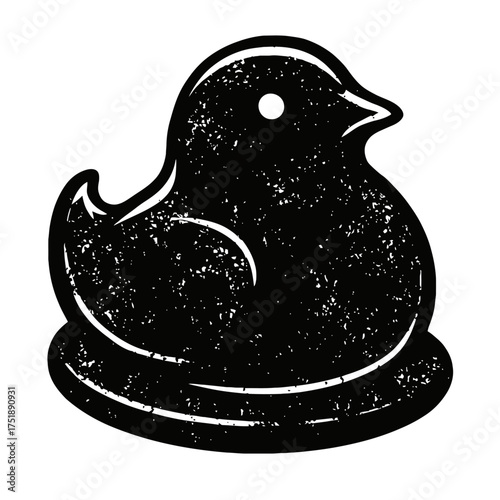 Distressed black silhouette icon of a cute marshmallow chick or rubber duck. Features unique grunge texture. Ideal for vintage Easter designs, candy illustrations, children's art, playful logos. Adds