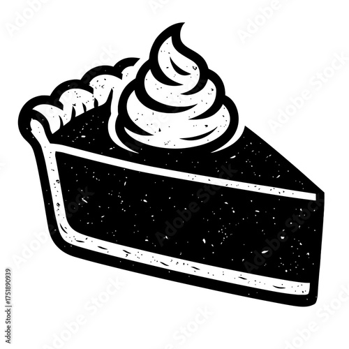 A delectable slice of classic dessert pie, generously topped with a rich swirl of creamy whipped cream. This charming vintage-style illustration, with its rustic black and white texture, perfectly emb
