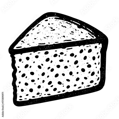 A charming hand-drawn illustration of a delicious triangular slice of blueberry cheesecake, featuring a rich, creamy filling with speckled dark berries and a crumbly base, perfect for bakery menus, de