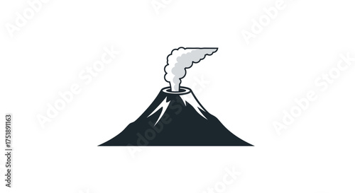 Stylized illustration of a dark volcano erupting with white smoke.