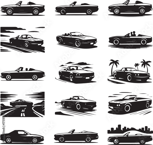 Classic Convertible Car Collection Black and White Vector Illustration Set