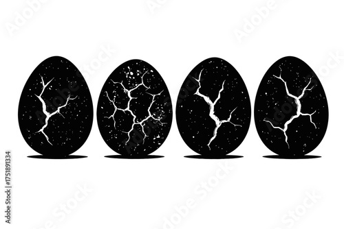 Vector graphic of four black eggs, each with striking white cracks, symbolizing the process of hatching, new life, and transformation. High-contrast silhouette art perfect for fantasy, prehistoric, an