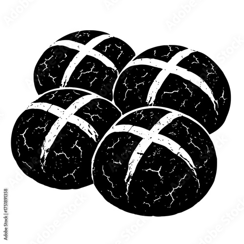 A delightful graphic illustration showcasing a quartet of traditional Hot Cross Buns, perfectly prepared with their iconic white icing crosses, evoking the spirit of Easter and springtime festivities,