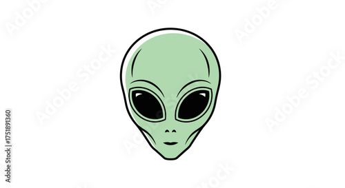 Close-up illustration of a classic green alien head with large black eyes.