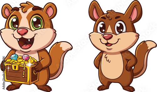 Cute cartoon chipmunks, happy chipmunk holding treasure chest of gold and gems, adorable animal characters, kids illustration, vector design artwork