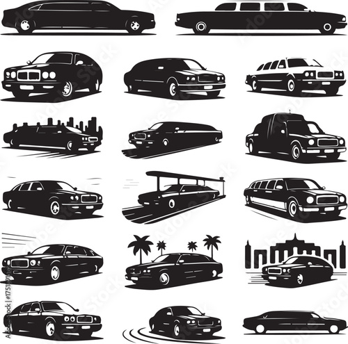 Collection of black and white classic cars and limousines vector illustration