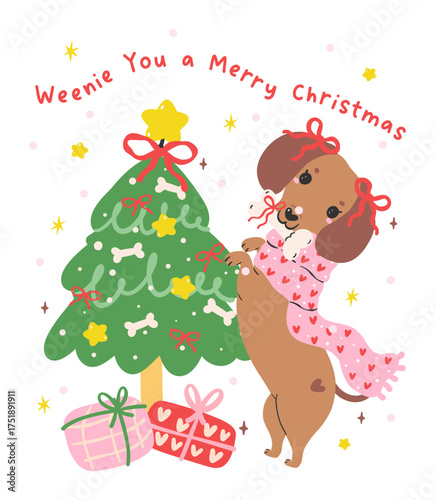 Christmas Dachshund Dog Decorating Christmas Tree Hand Drawn Festive Cartoon Illustration Greeting card printable
