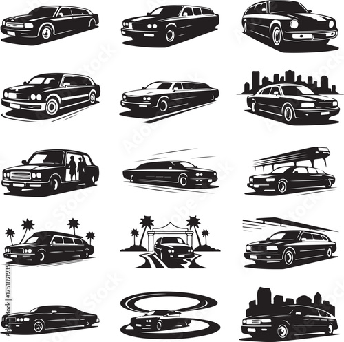 Collection of black and white luxury vehicle vector silhouettes