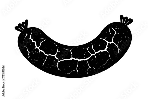 Distressed textured silhouette of a curved sausage, resembling traditional black pudding or blood sausage, with a grunge cracked effect. This stark black and white illustration captures a rustic culin