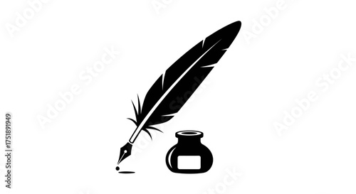 Quill Pen and Inkwell Illustration in Black and White.