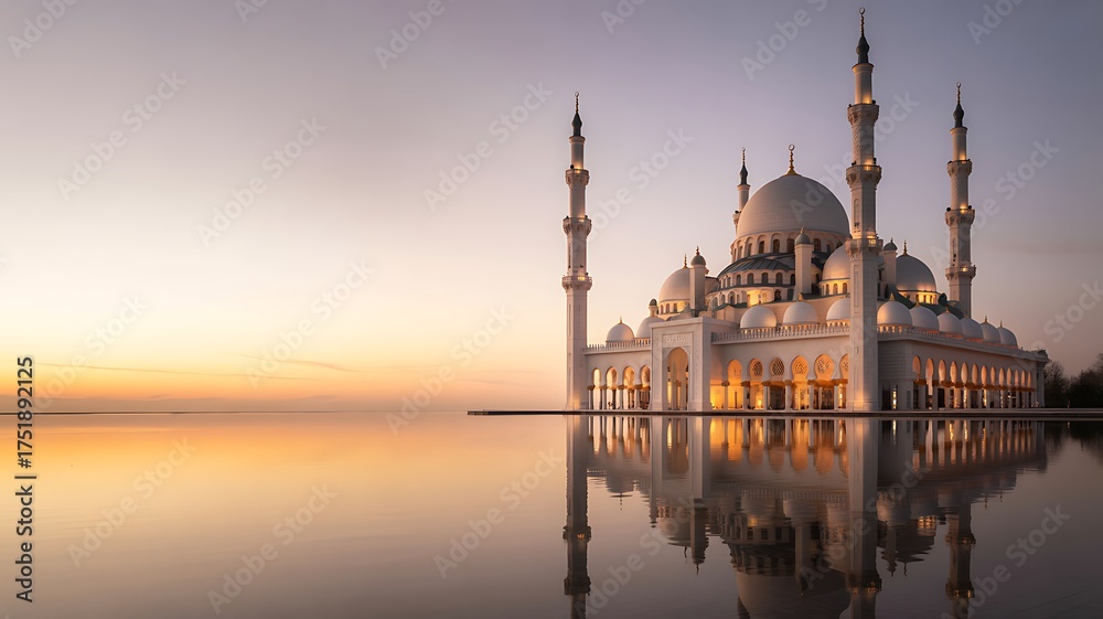 Fototapeta premium Grand mosque reflected in calm water at sunrise with warm sky and light Keywords: mosque, Islamic