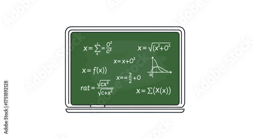 Green chalkboard with complex mathematical equations and geometric diagrams.