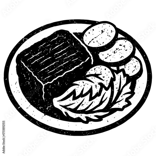 Distressed monochrome illustration of a hearty meal on a plate. Features a rectangular main course (meatloaf or roast), sliced potatoes, and fresh greens. Ideal for retro culinary branding, vintage me