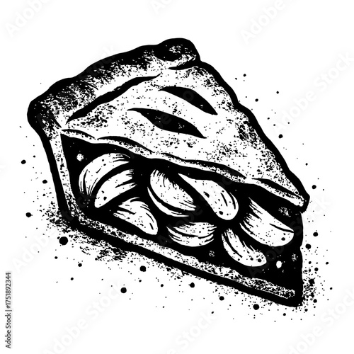 Black and white ink illustration of a rustic apple pie slice with grunge texture. Hand-drawn vintage dessert art for bakery logos, food menus, kitchen decor, and culinary branding. Perfect for conveyi