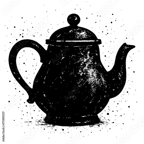 Distressed Black Teapot Silhouette Vector Illustration on White Background with Grunge Texture and Ink Splatters. Vintage Kitchenware Graphic Design Element for Tea Time, Cafe, or Home Decor Projects,