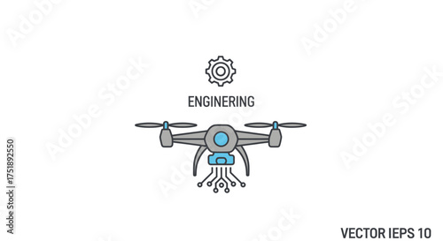 Futuristic drone with integrated circuitry and engineering gear icon.