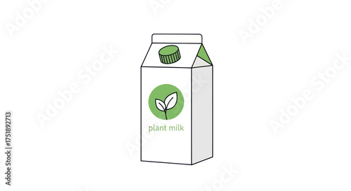 Illustrated White Plant-Based Drink Carton with Green Cap and Leaf Logo.