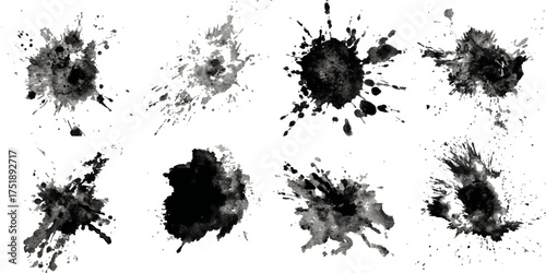 Abstract Black and White Ink Splats Creating a Grunge Effect. Transparent PNG available detailed ink splats Hyper realistic Highly Detailed Isolated On  white Background	