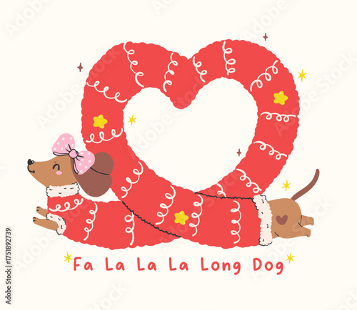 Festive Christmas Dachshund Dog in Heart Shape with Pink Bow Hand Drawn Cartoon Illustration