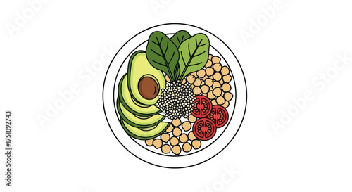Colorful and Healthy Vegan Buddha Bowl Illustration.