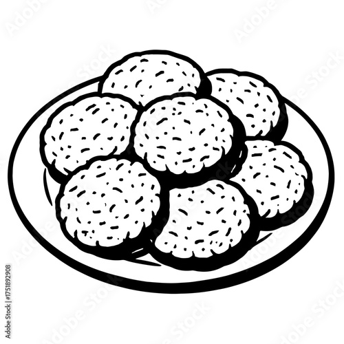 Elegant black and white outline illustration showcasing a pile of homemade, textured, round baked goods, like cookies or biscuits, on a plate. Ideal for food blogs, vintage recipe collections, or char