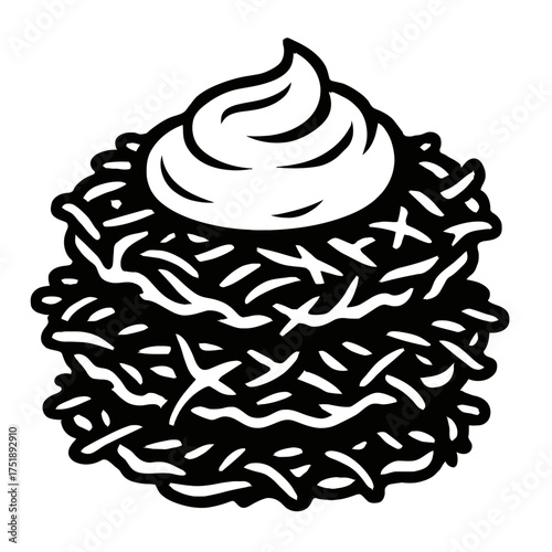 Black and white vector illustration of a delightful haystack cookie or bird's nest treat, featuring a textured base and an elegant swirl of cream or frosting, perfect for baking blogs, menus, and swee