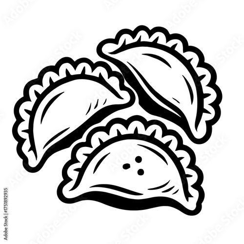 Black and white illustration of three traditional dumplings with crimped edges, perfect for culinary branding and food-related design, like pierogi, empanadas, or gyoza, ideal for menus, blogs, and pa