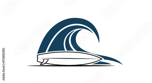 Stylized Surfboard and Crashing Wave Logo Design.