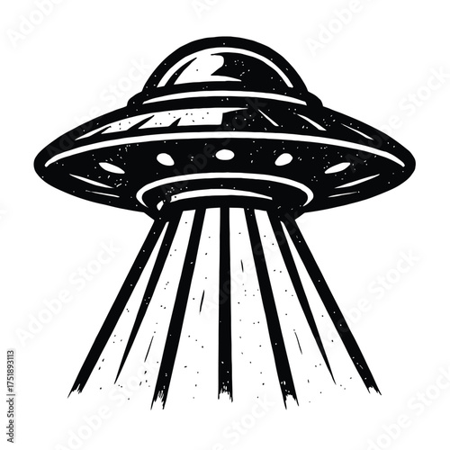 Iconic retro black & white flying saucer illustration with a grunge texture, featuring a powerful, stylised tractor beam, perfect for sci-fi themes, mysterious alien encounters, and vintage extraterre