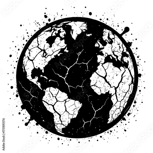 Stark black and white distressed globe illustration showcasing a cracked Earth, symbolizing environmental crisis, global warming, and ecological damage. This grunge art visual represents a shattered p