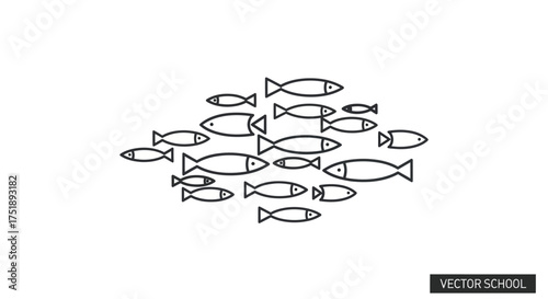 A school of stylized fish swimming together in a unified formation.