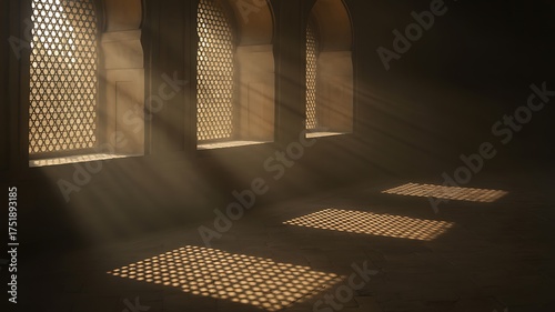Sunbeams filtering through ornate latticed windows onto a stone floor light rays